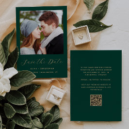 Save The Date Photo Emerald Gold Script Code QR