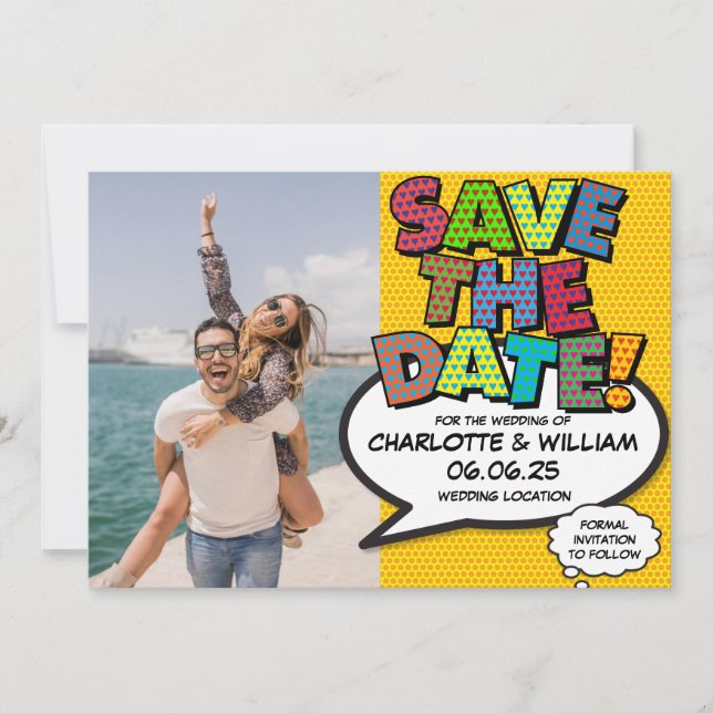Save The Date Photo Enregistrer la Date Fun rétro Bande dessinée (Devant)