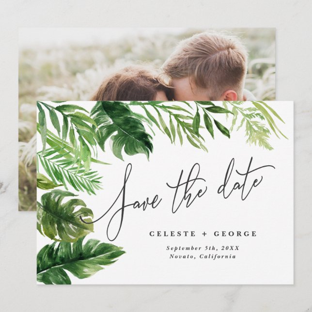 Save The Date Photo floral de feuillage tropical aquarelle (Devant / Derrière)