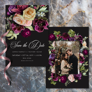 Save The Date Photo Floral Noir Burgundy Sombre Romantique