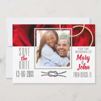 Save The Date Photo Floral Rose rouge avec Mariage anneau