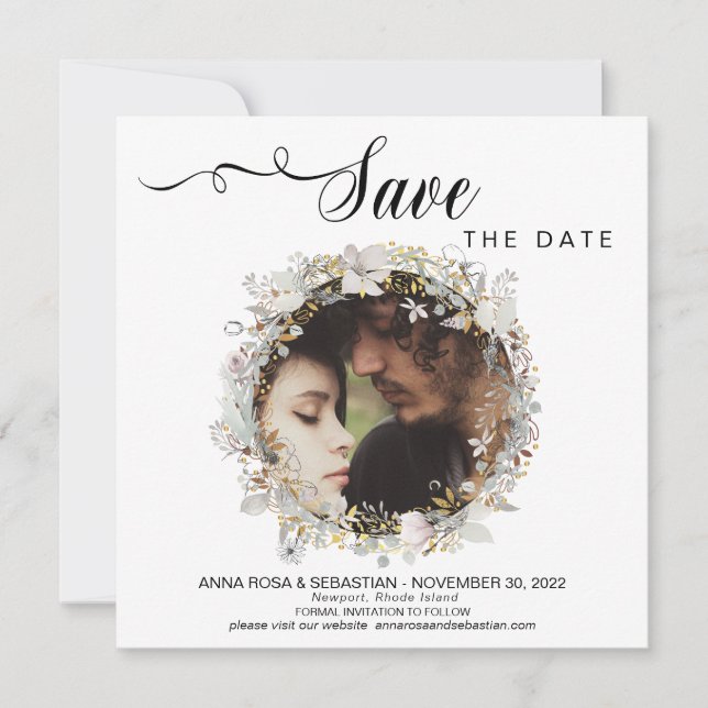 Save The Date *~* PHOTO Floral Wreath Gold Wedding Enregistrer L (Devant)