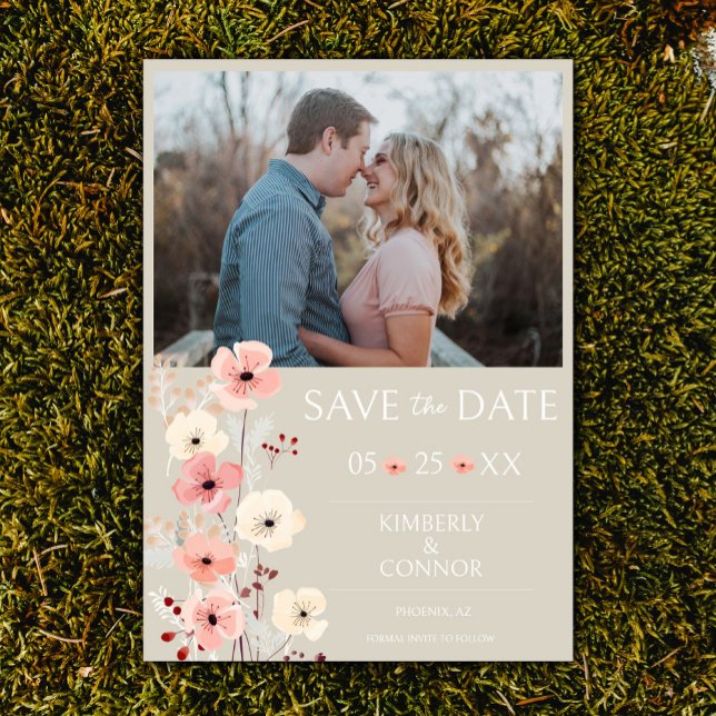 Save The Date Photo florale Boho moderne Enregistrer la date | B (Beige Modern Boho Floral Photo Save the Date)