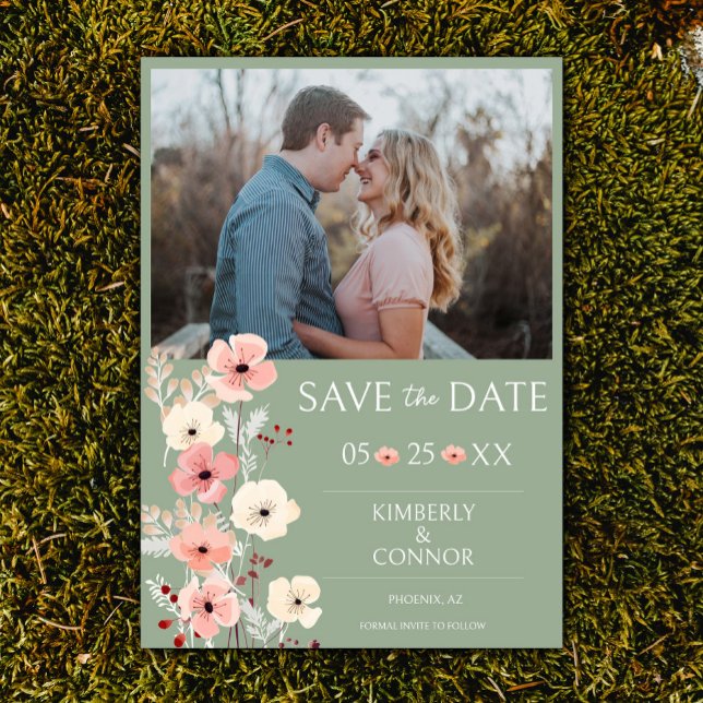 Save The Date Photo florale Boho moderne Enregistrer la date Sag (Sage Green Modern Boho Floral Photo Save the Date)
