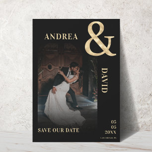 Save The Date Photo foncé délavé & Ampersand doré Mariage noir