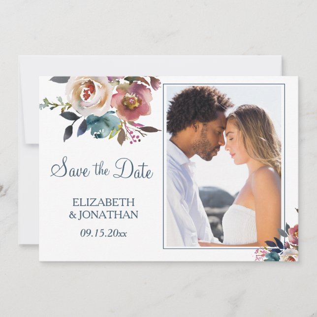 Save The Date Photo Formelle Dusty Vin Bleu Bourgogne Floral (Devant)