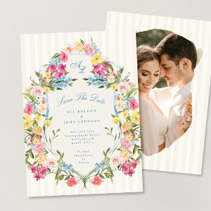 Save The Date Photo Français Blue Floral Monogramme Vintage Cres