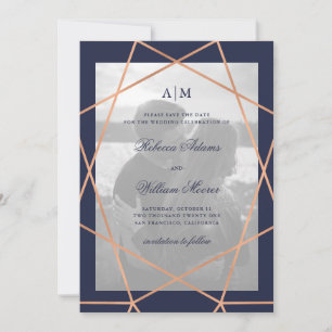Save The Date Photo géométrique et de minuit d'or rose du bleu  