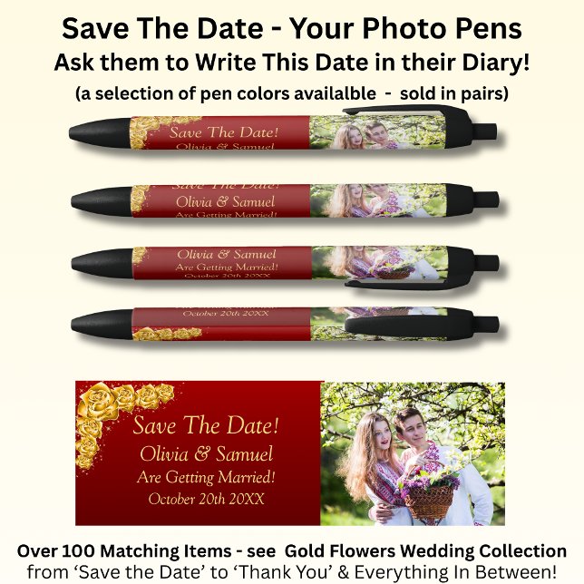 Save The Date - Photo + Gold Flowers Maroon Red Kugelschreiber (Von Creator hochgeladen)