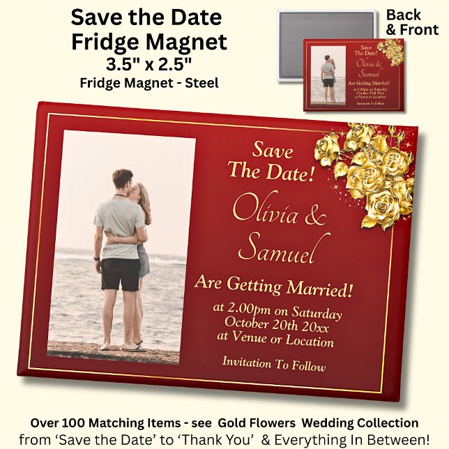Save The Date Photo, Gold Flowers on Maroon Fridge Magnet (Von Creator hochgeladen)