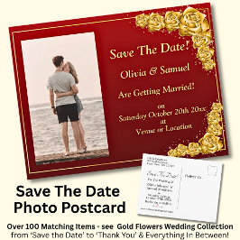 Save The Date, Photo - Gold Roses Maroon Red Ankündigungspostkarte