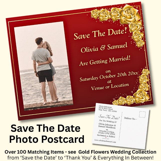 Save The Date, Photo - Gold Roses Maroon Red  Ankündigungspostkarte (Von Creator hochgeladen)