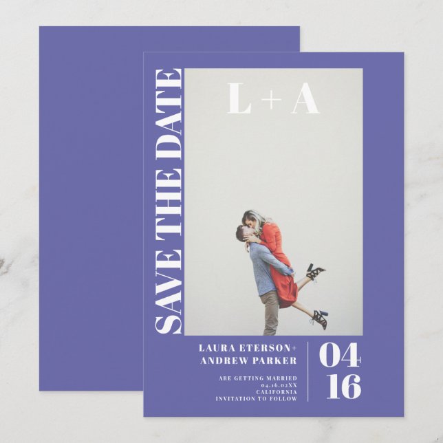 Save The Date Photo initiale bleu violet moderne enregistrer la  (Devant / Derrière)