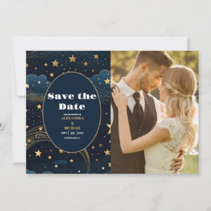 Save The Date Photo Lune Croissante Céleste Or Mariage