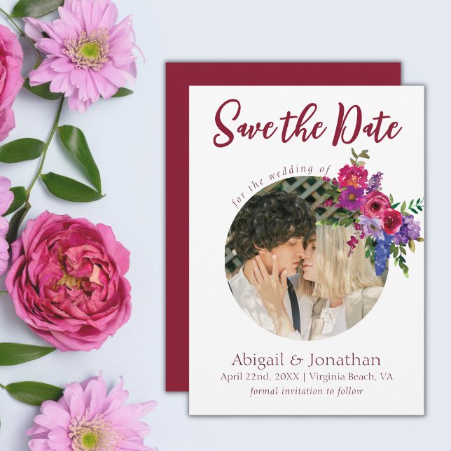 Save The Date Photo Magenta et Fleurs violettes Mariage floral (Créateur téléchargé)