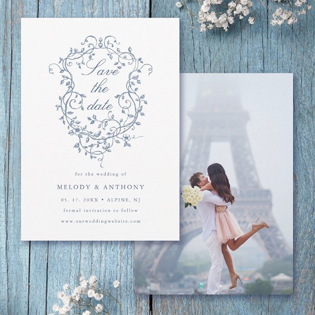 Save The Date Photo Mariage classique de la crête Florale Bleue  (Front & Back)