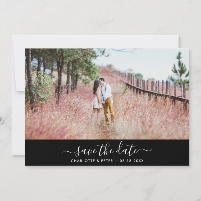 Save The Date Photo Mariage de script noir et blanc élégant (Devant)