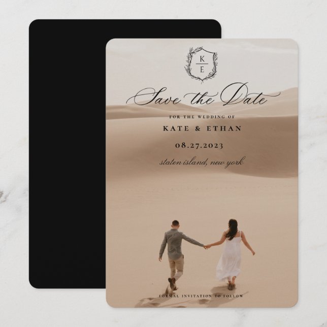 Save The Date Photo Mariage du monogramme de la crête botanique (Devant / Derrière)