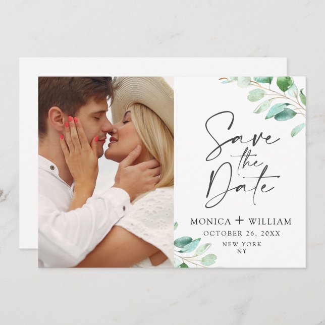 Save The Date Photo Mariage Eucalyptus Simplement Élégant (Devant / Derrière)
