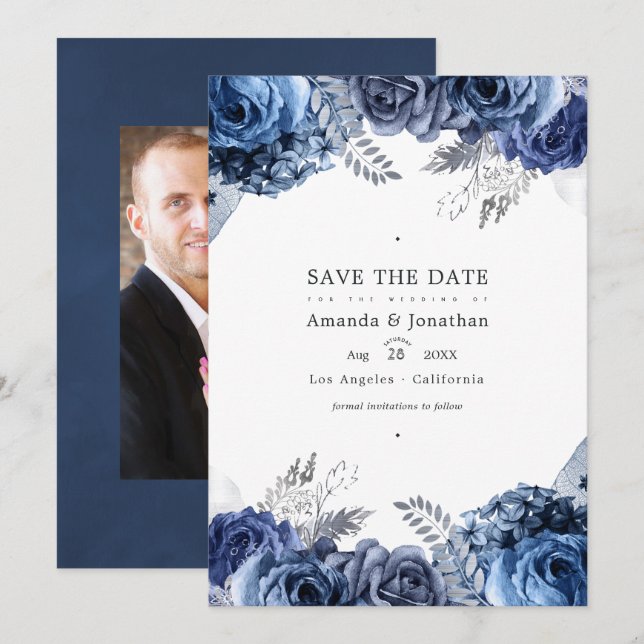 Save The Date Photo Mariage floral Marine et Argent Faux Foil (Devant / Derrière)