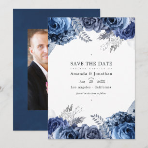 Save The Date Photo Mariage floral Marine et Argent Faux Foil