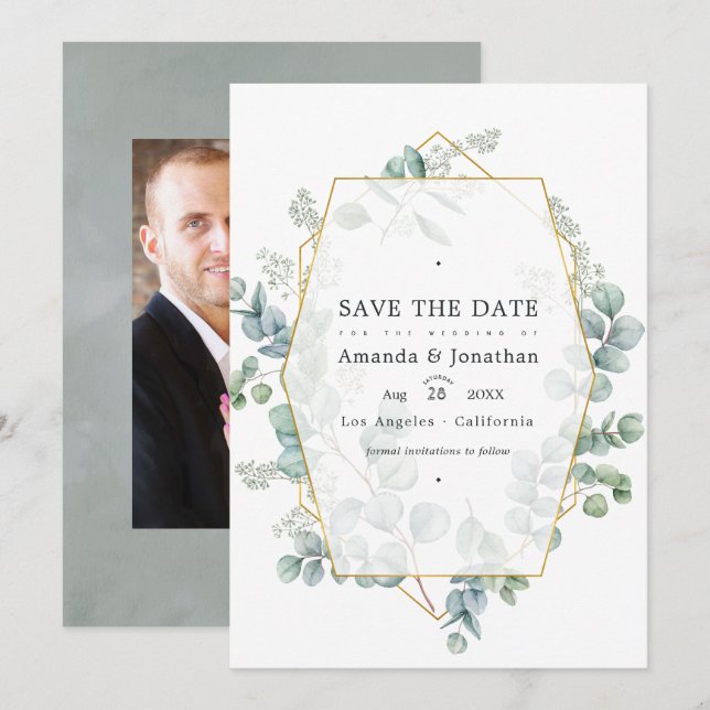 Save The Date Photo Mariage géométrique Silver Sage Eucalyptus (Devant / Derrière)