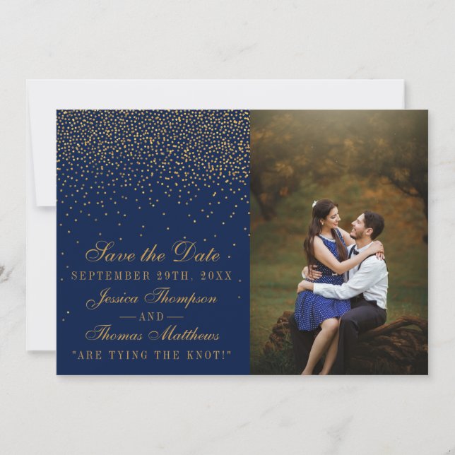 Save The Date Photo Mariage Marine Blue & Glam Gold Confetti (Devant)