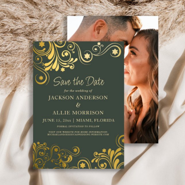 Save The Date Photo mariage tourbillons vert foncé or (Dark green and gold wedding Save the Date photo card)