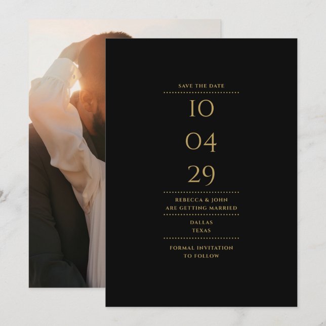 Save The Date Photo minimaliste moderne Mariage noir et or (Devant / Derrière)