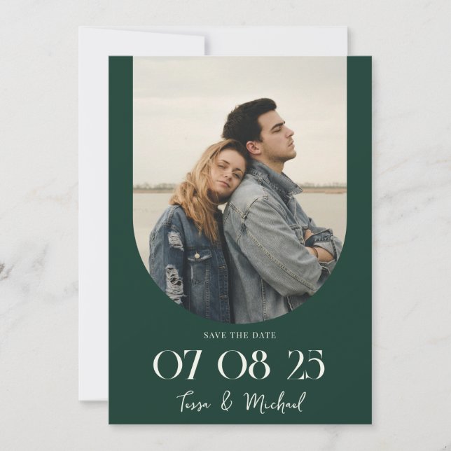 Save The Date Photo moderne Boho Arch Mariage vert Emerald (Devant)