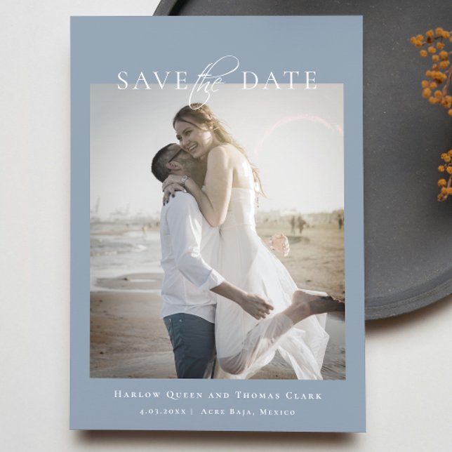 Save The Date Photo moderne élégante Dusty Blue (Modern Elegant Photo Dusty Blue Save The Date)