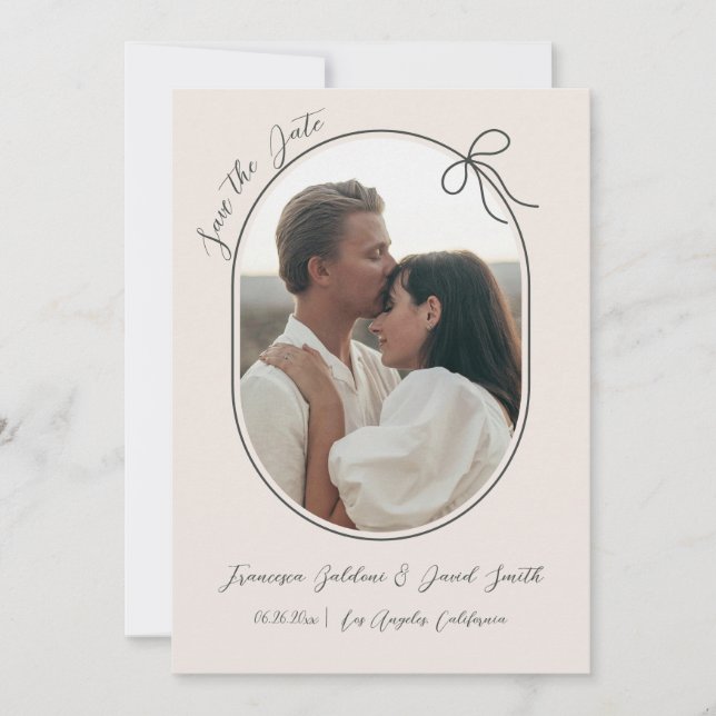 Save The Date Photo ovale avec bordure fine et nœud minimal (Devant)