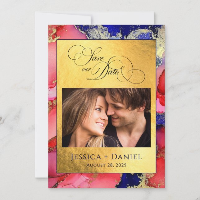 Save The Date *Photo personnalisée Gold Red Blue Mariage plat (Devant)