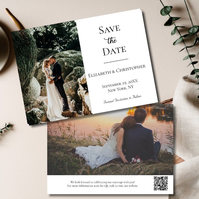 Save The Date Photo QR Code Noir Blanc Formal Mariage élégant (Photo QR Code elegant Black White Wedding Save the Date invitation Card)
