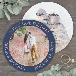 Save The Date Photo ronde unique moderne Marine bleu et Mariage 