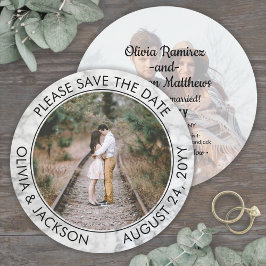 Save The Date Photo ronde unique Noir Blanc Faux Marbre Mariage