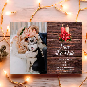 Save The Date Photo Rustic Wood Poinsettia Mariage de Noël