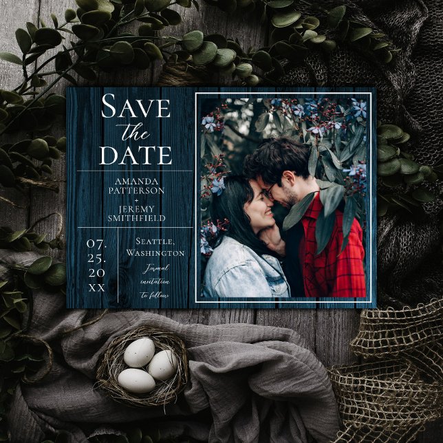 Save The Date Photo simple et rustique | Bleu Enregistrer la dat (Blue Rustic and Simple Photo Save the Date)