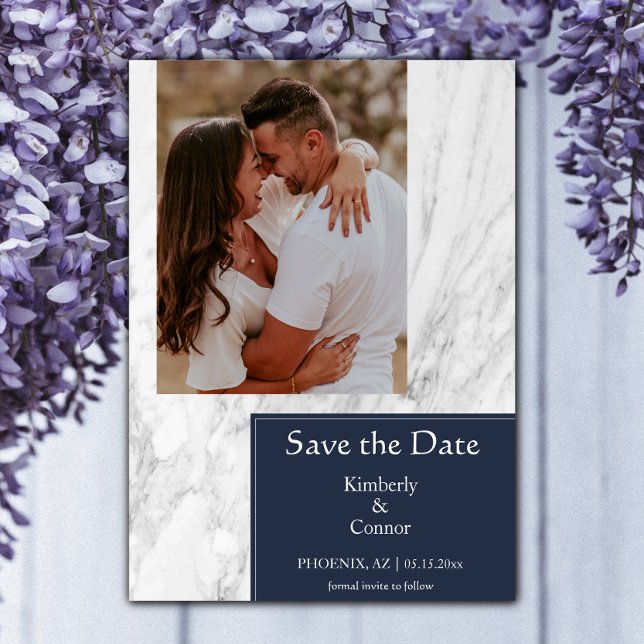 Save The Date Photo simple marbré bleu marine (Navy Simple Marbled Photo Save the Date)