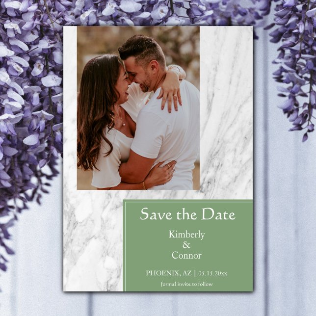 Save The Date Photo simple marbré vert mousse (Moss Green Simple Marbled Photo Save the Date)