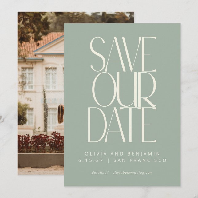 Save The Date Photo simple moderne tendance élégant sauge poussi (Devant / Derrière)