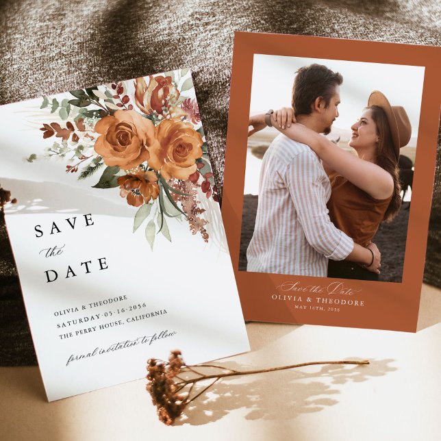 Save The Date Photo Terracotta Boho Rose Floral Wedding (Terracotta boho save the date wedding card with pampas florals and photo back. rose watercolor)