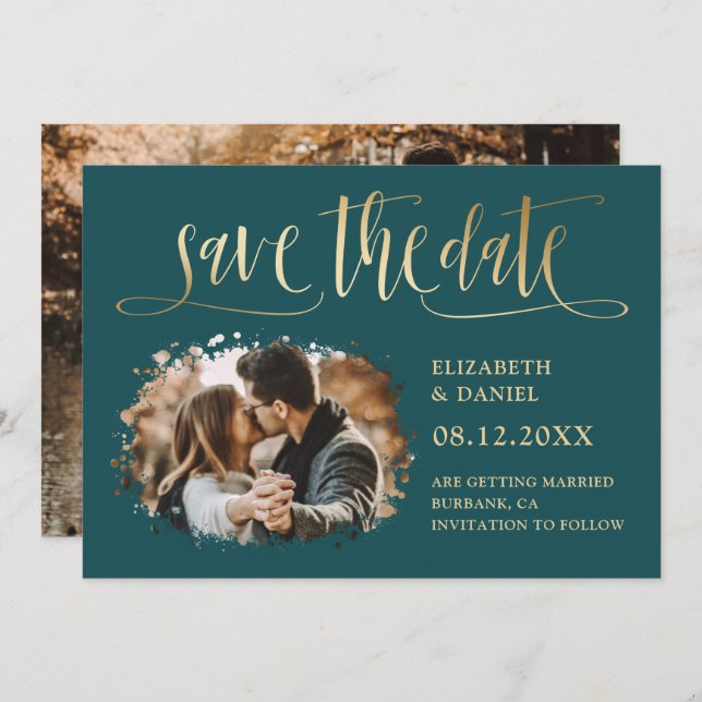 Save The Date Photo Turquoise Gold Mariage Moderne Enregistrer L (Devant / Derrière)