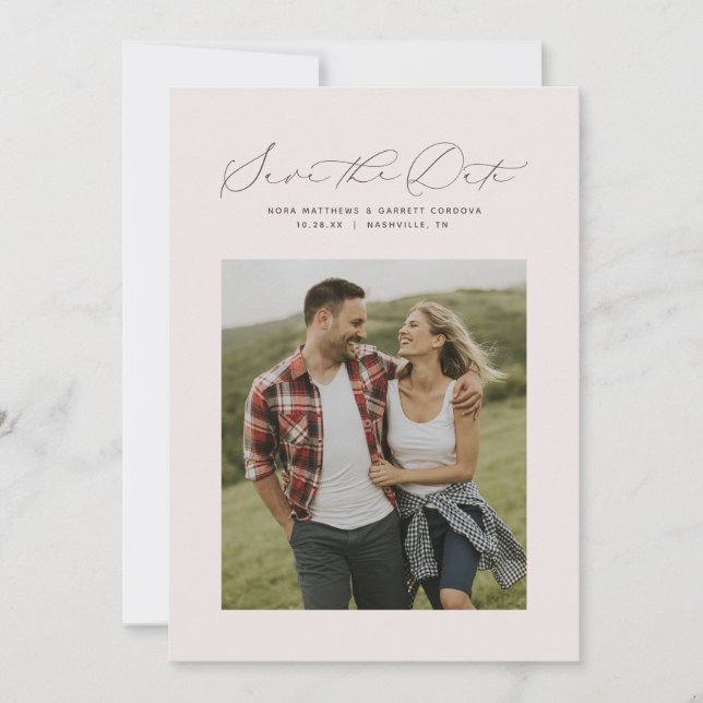 Save The Date Photo verticale rose poudré avec texte minimal (Devant)