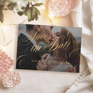 Save The Date Photo vintage calligraphié noir et or