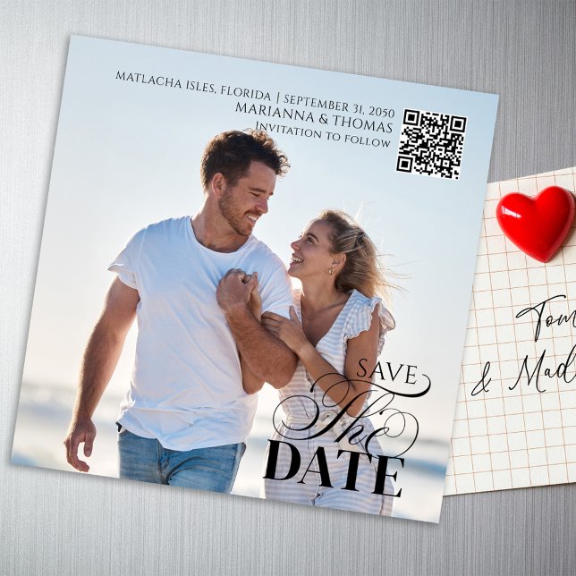 Save the Date Photo Wedding Magnetic Magnetkarte (With a scannable QR code and stylish typography.)
