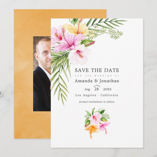 Save The Date Photographie de mariage de plage florale tropicale (Devant / Derrière)