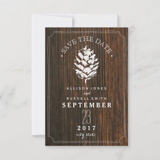Save The Date Pinecone Grange mariage en bois Enregistrer la dat (Devant)