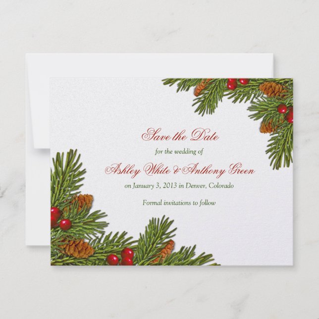 Save The Date Pines Boughs Noël Mariage d'hiver Enregistrer la d (Devant)