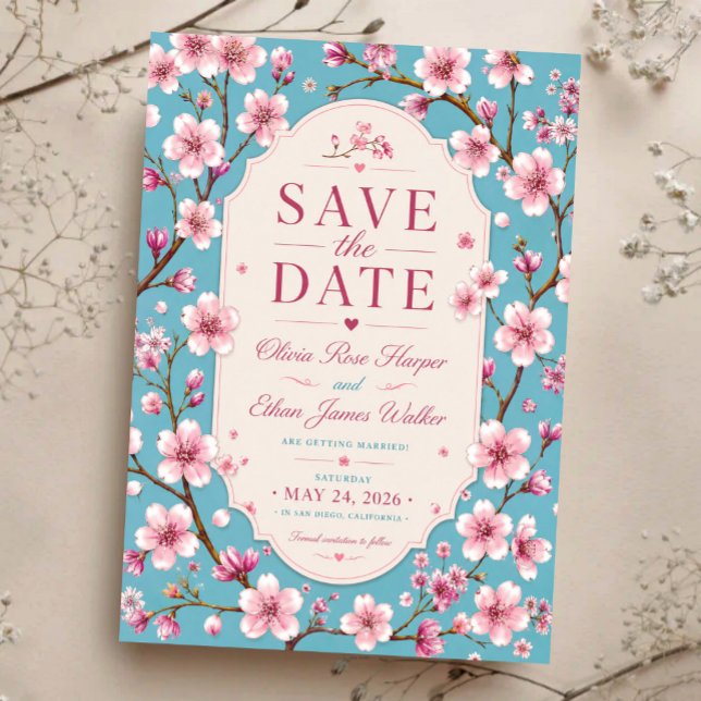 Save The Date Pink Cherry Blossom Romantic Spring Elegant Sakura (Créateur téléchargé)